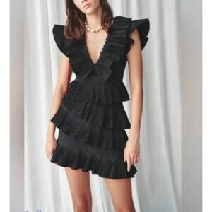 Celia B Bjorn V-Neck Pleated Tiered Mini Dress Black Cotton XL NWT Ruffled Trim